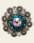 Teal & AB Antique Silver 1" European Crystal Concho on a warm cream background