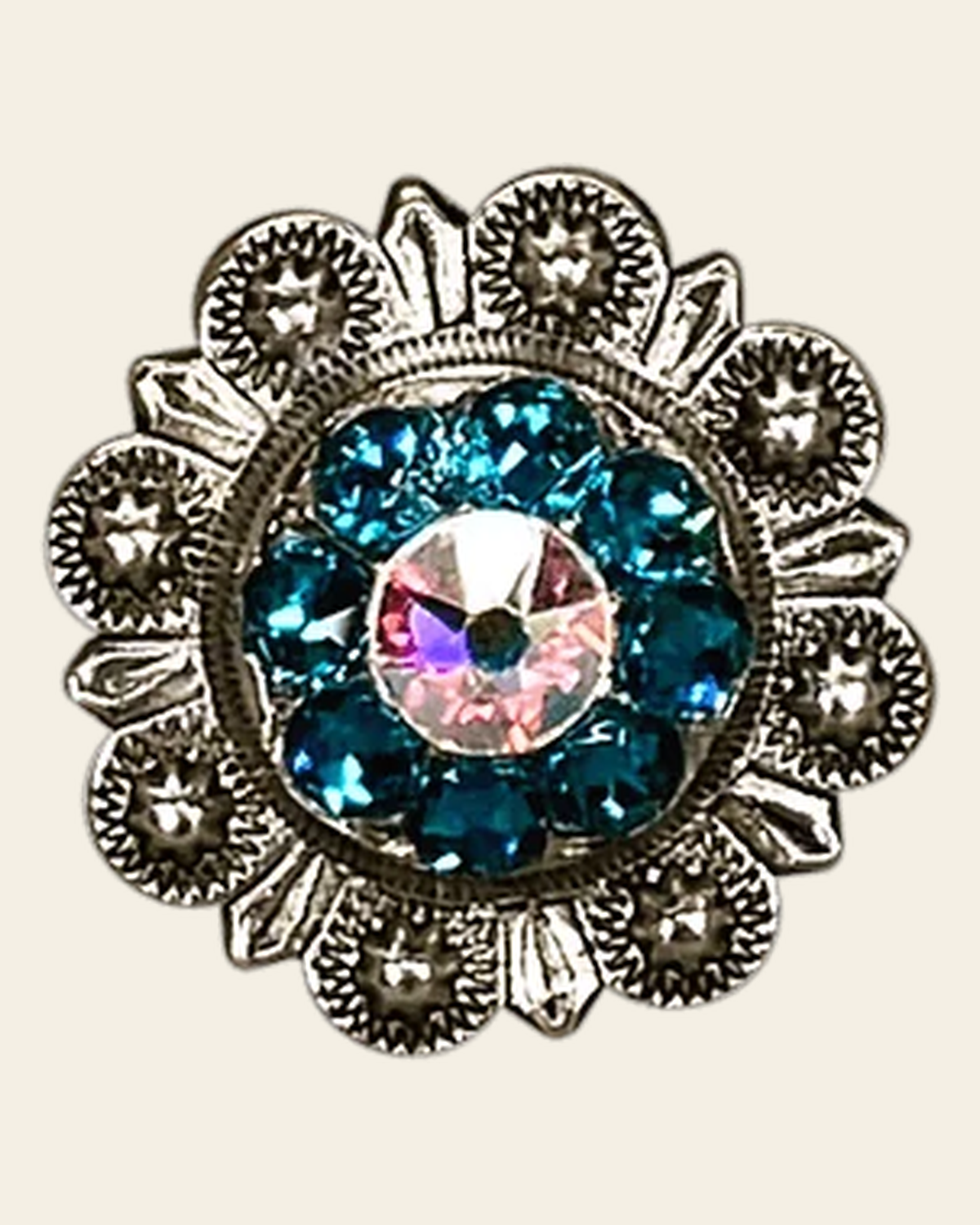Teal & AB Antique Silver 1" European Crystal Concho on a warm cream background