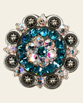 Teal & AB Antique Silver 2" European Crystal Concho on a warm cream background
