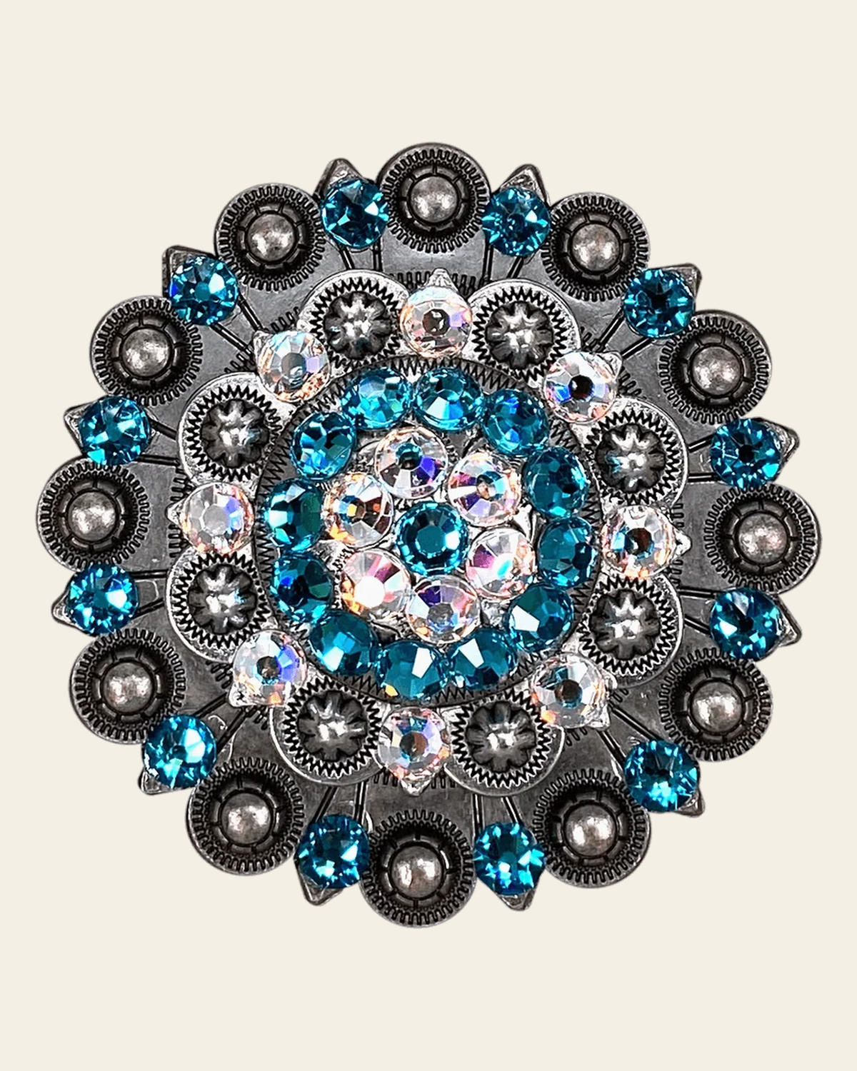 Teal & AB Antique Silver Berry Jacket European Crystal on a warm cream background