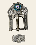 Teal & AB Antique Silver European Crystal Buckle Keeper Set on a warm cream background