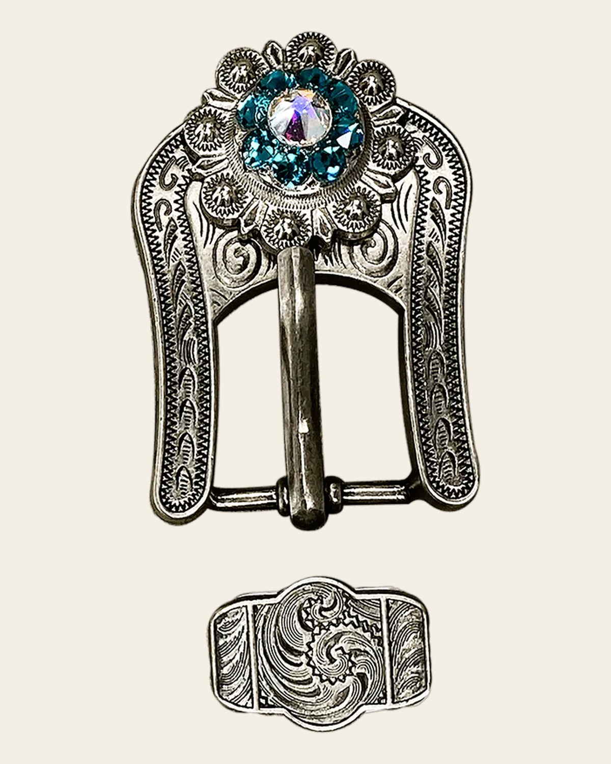 Teal & AB Antique Silver European Crystal Buckle Keeper Set on a warm cream background