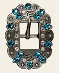 Teal & AB Antique Silver European Crystal Cart Buckle on a warm cream background
