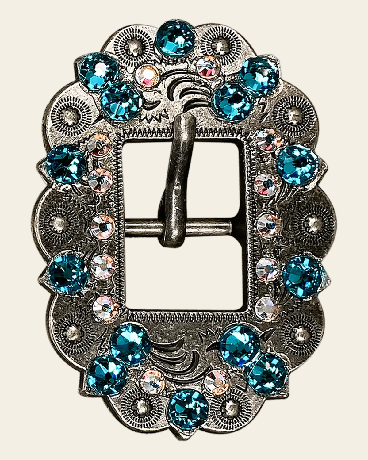 Teal & AB Antique Silver European Crystal Cart Buckle on a warm cream background
