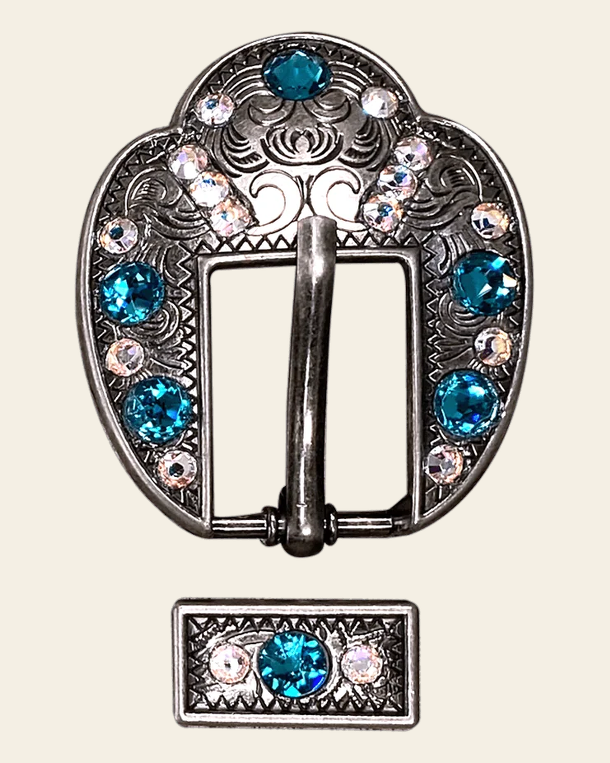 Teal & AB Antique Silver European Crystal Fancy Buckle on a warm cream background