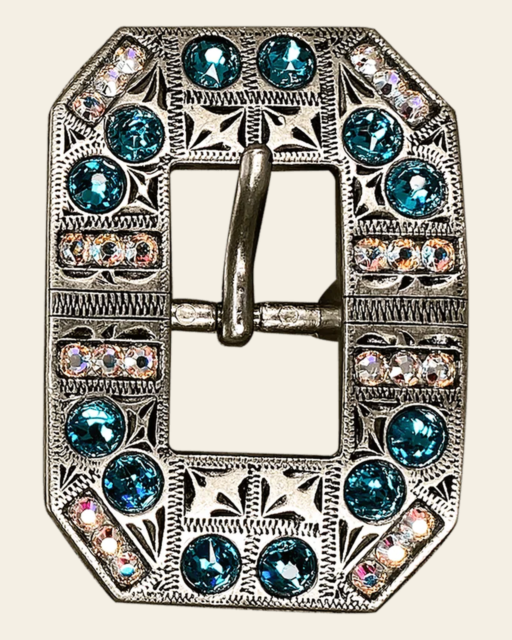 Teal & AB Antique Silver European Crystal Square Cart Buckle on a warm cream background