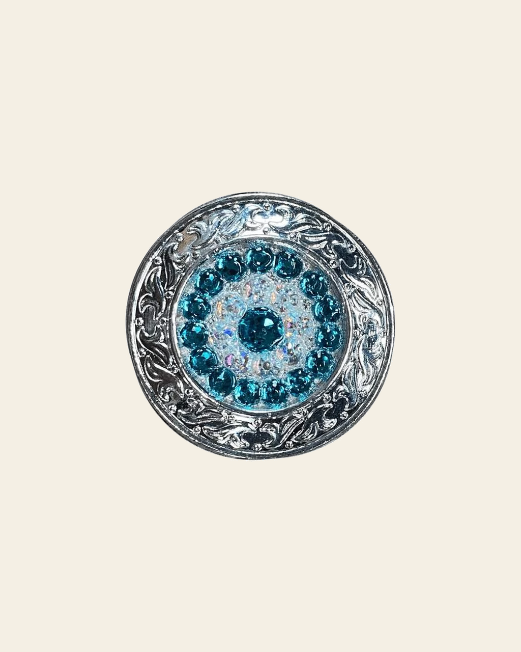 Teal & AB Bright Silver 1.5" Disc European Crystal Concho on a warm cream background