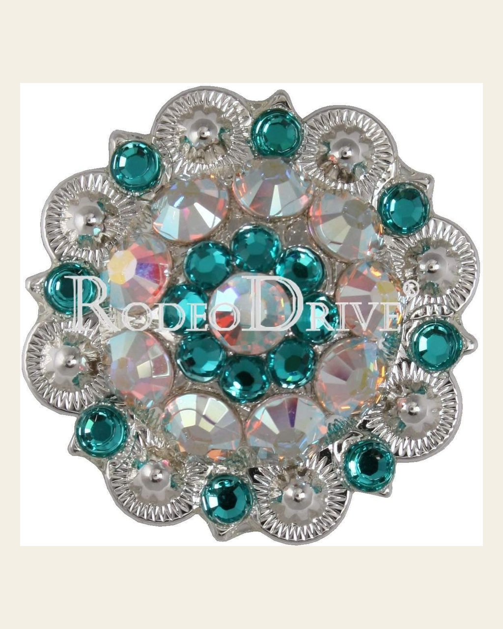 Teal & AB Bright Silver 1.5" European Crystal Concho on a warm cream background