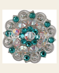 Teal & AB Bright Silver 1.5" European Crystal Concho on a warm cream background