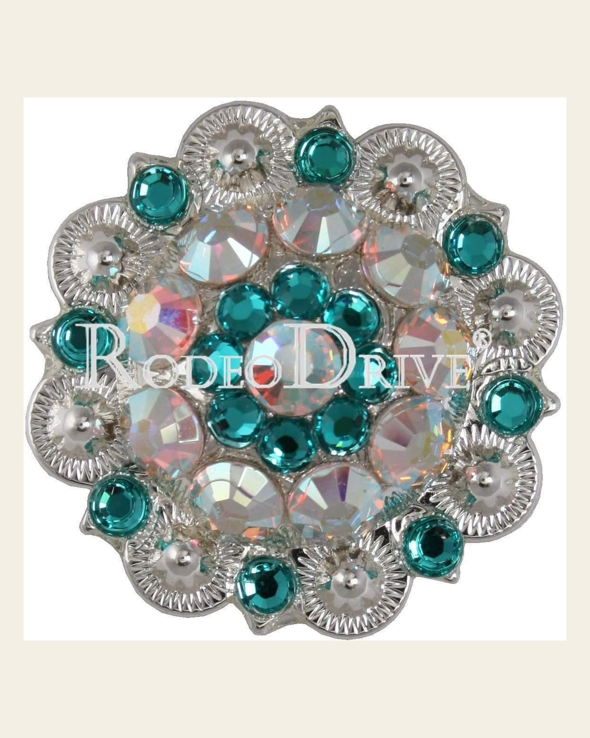 Teal & AB Bright Silver 1.5" European Crystal Concho on a warm cream background
