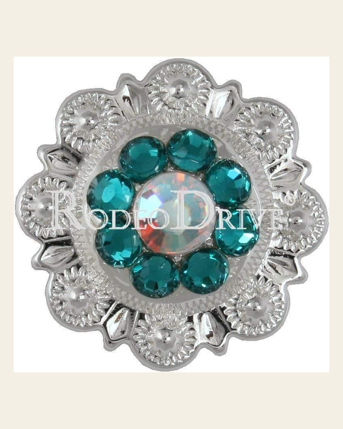 Teal & AB Bright Silver 1" European Crystal Concho on a warm cream background