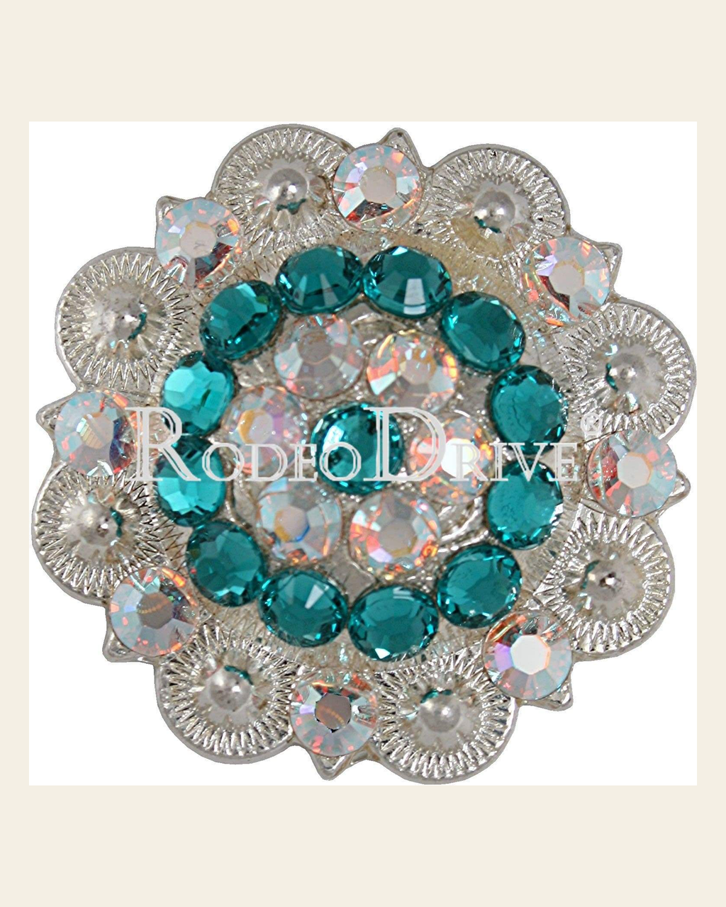 Teal & AB Bright Silver 2" European Crystal Concho on a warm cream background