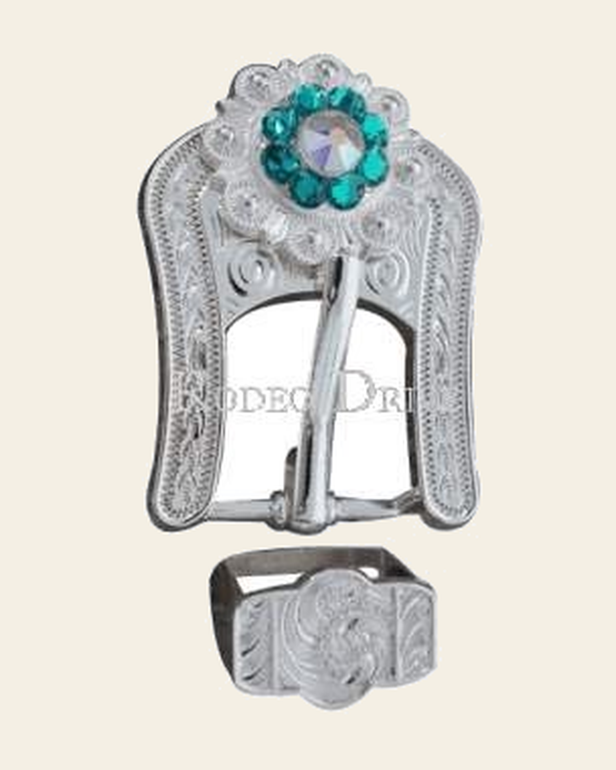 Teal & AB Bright Silver European Crystal Buckle Keeper Set on a warm cream background