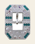 Teal & AB Bright Silver European Crystal Square Cart Buckle on a warm cream background