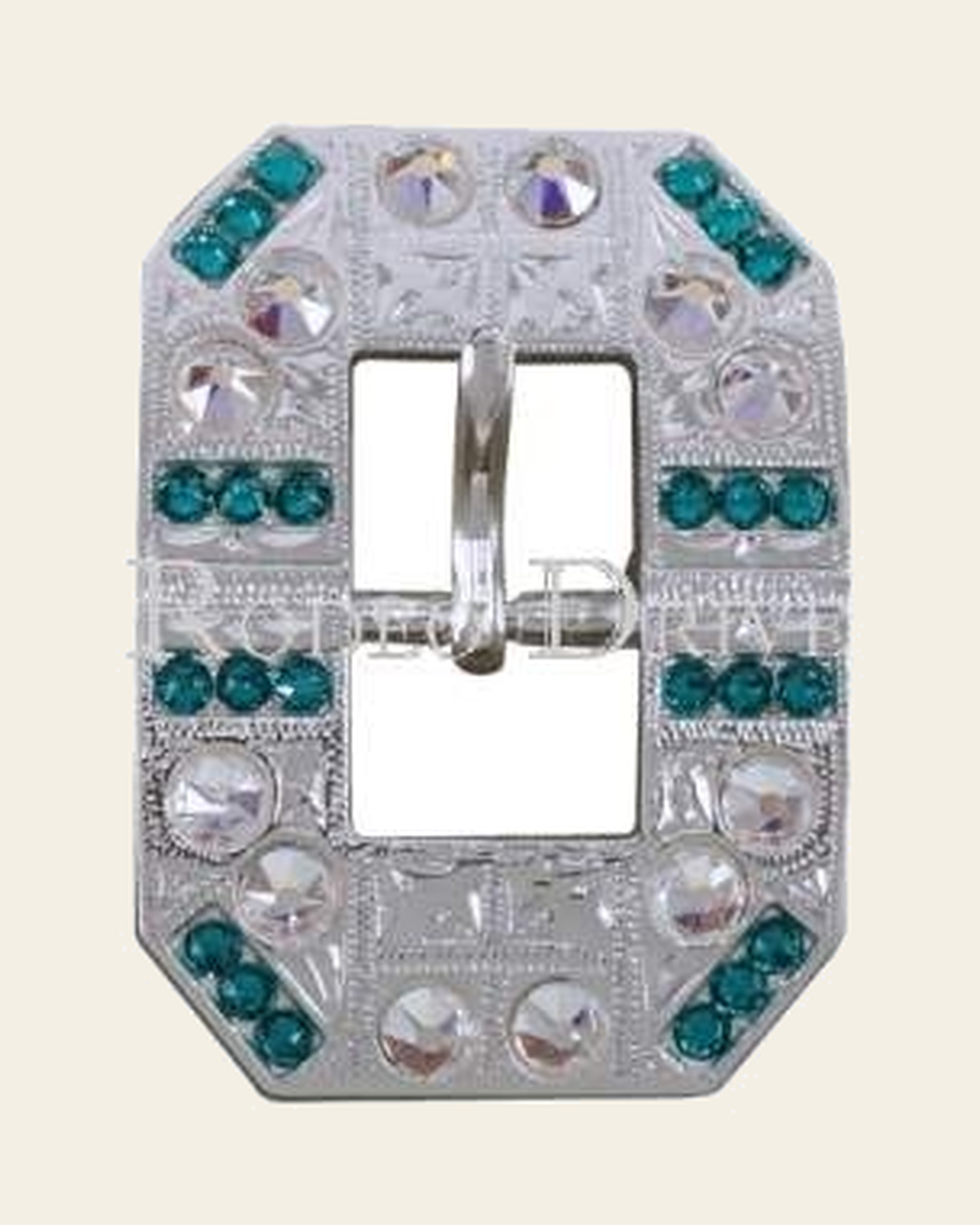 Teal & AB Bright Silver European Crystal Square Cart Buckle on a warm cream background