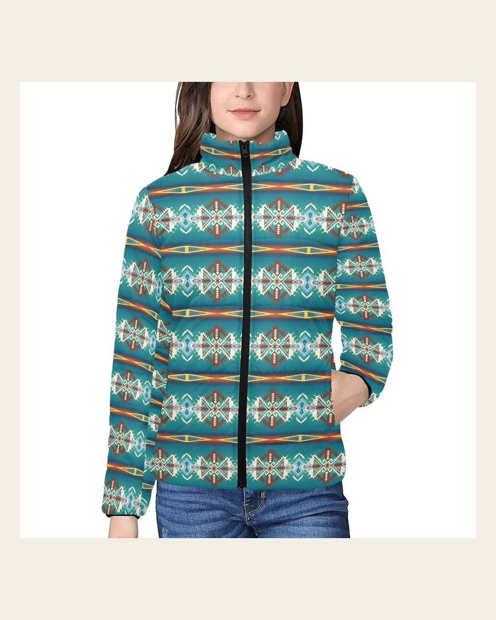 Teal Aztec Women's Puffy Bomber Jacket on a warm cream background