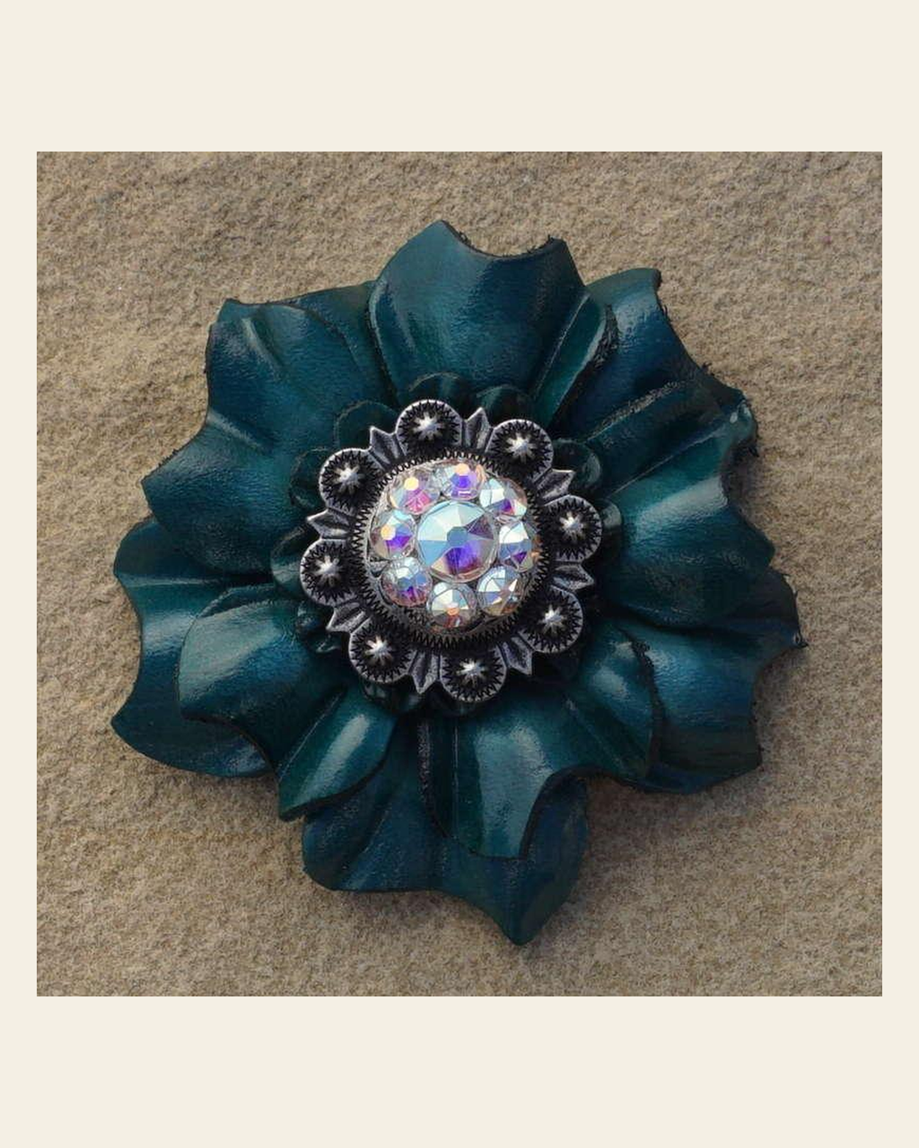 Teal Carnation Flower With Antique Silver AB 1" Concho on a warm cream background