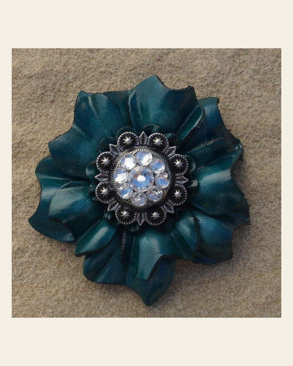 Teal Carnation Flower With Antique Silver Clear 1" Concho on a warm cream background