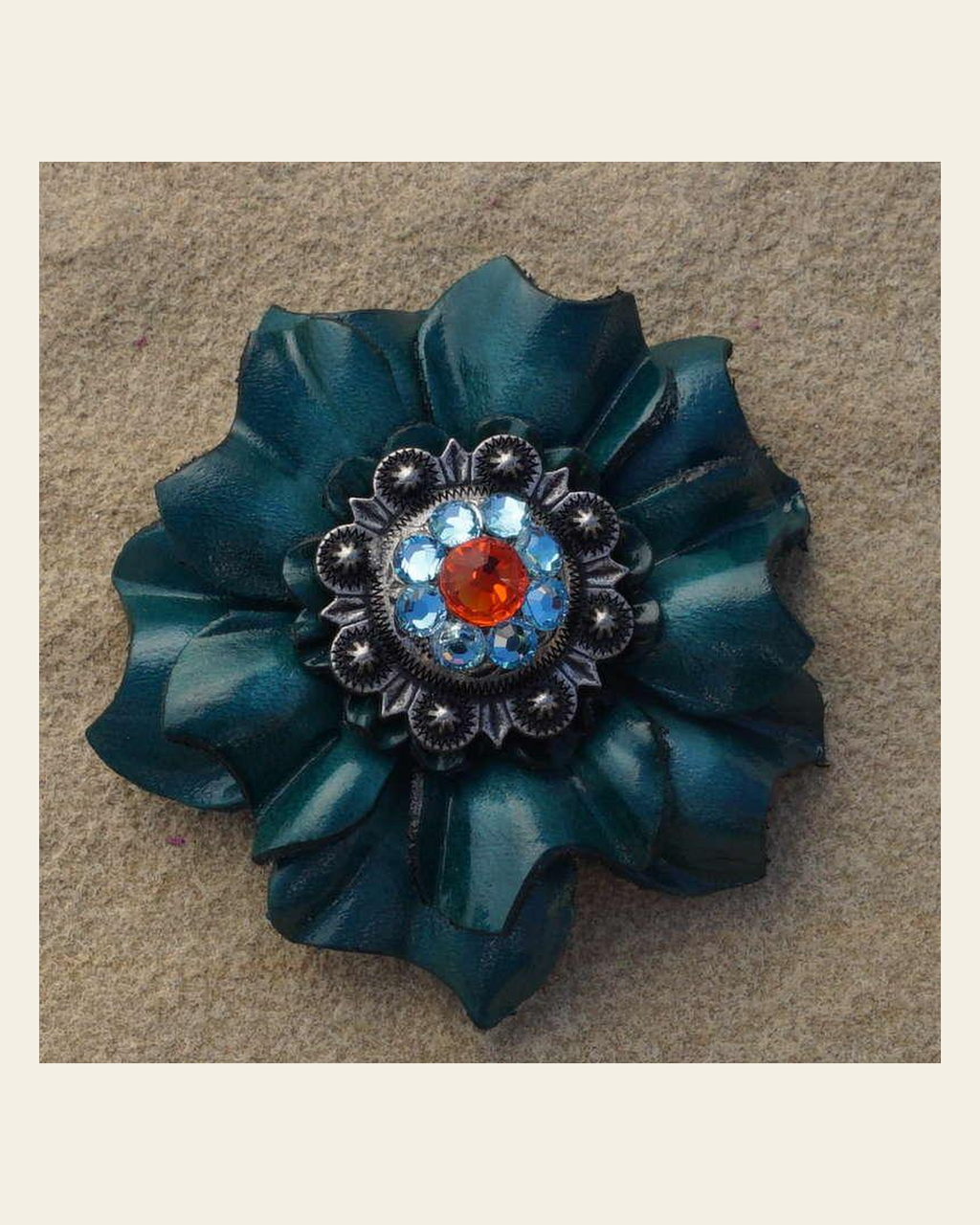 Teal Carnation Flower With Antique Silver Fire Opal and Aqua 1" Concho on a warm cream background