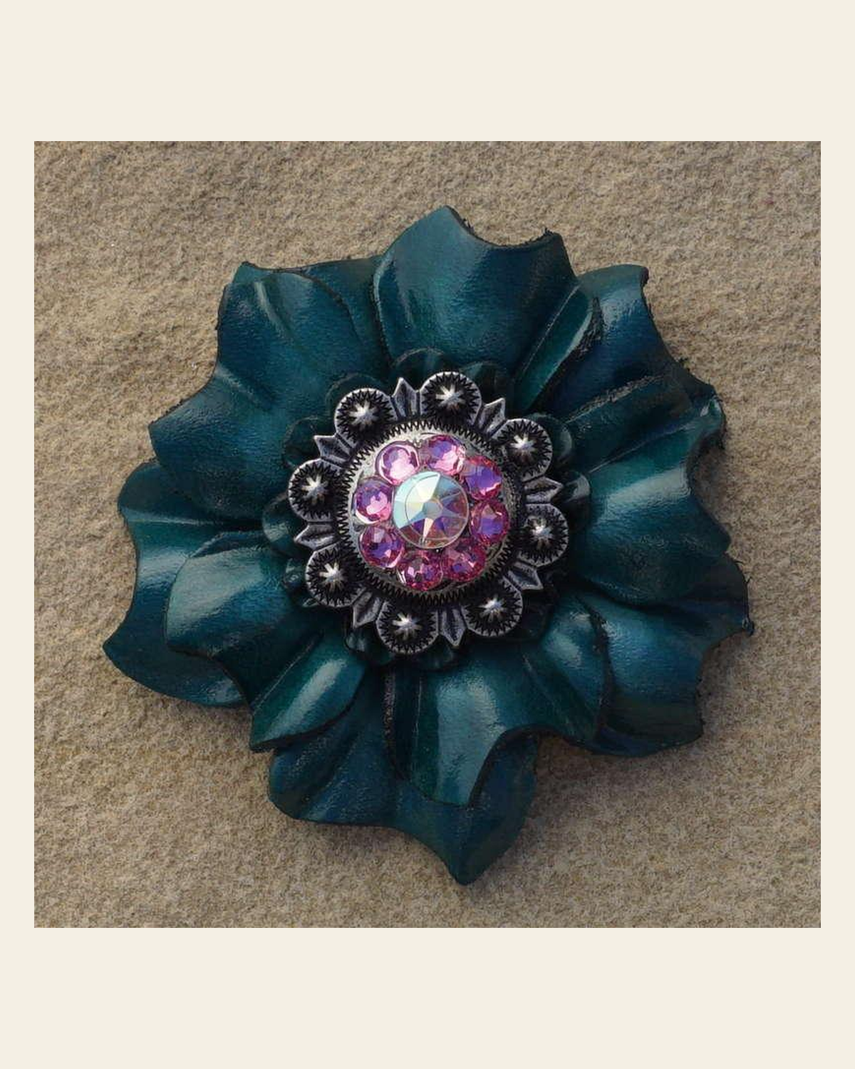 Teal Carnation Flower With Antique Silver Pink and AB 1" Concho on a warm cream background