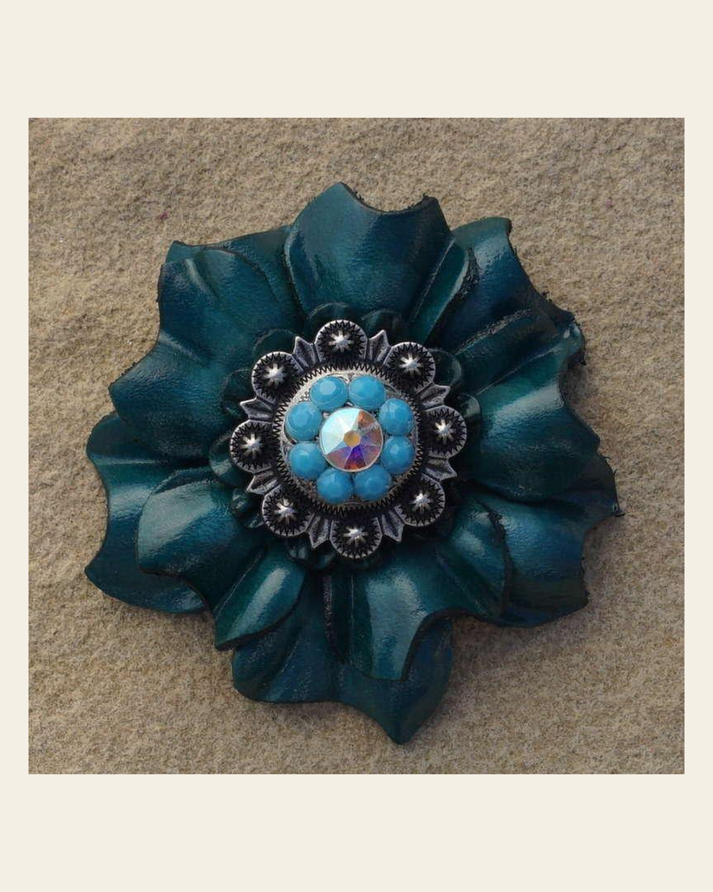 Teal Carnation Flower With Antique Silver Turquoise and AB 1" Concho on a warm cream background