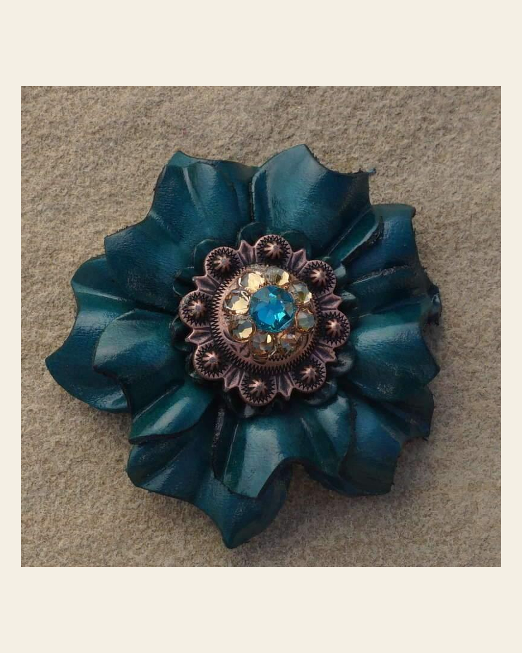 Teal Carnation Flower With Copper Teal & Champagne 1" Concho on a warm cream background