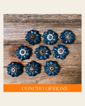 Teal Carnations Leather Flowers - 1" Crystal Conchos - Options on a warm cream background