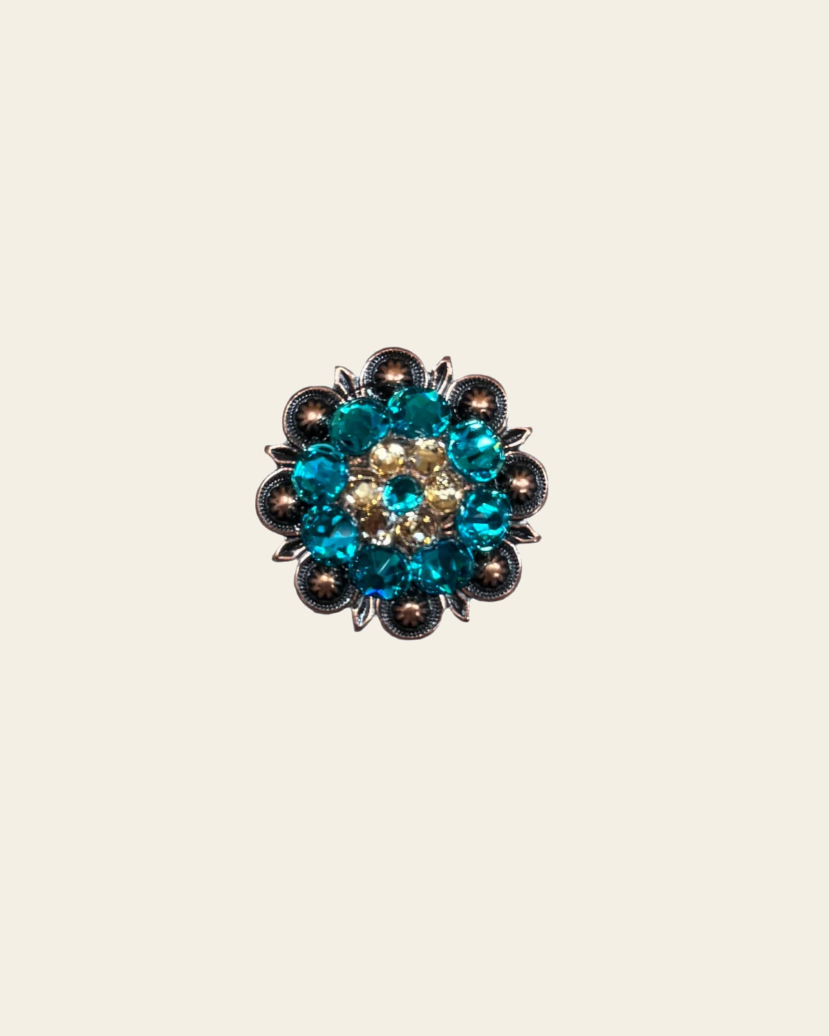 Teal & Champagne Copper 1.25" European Crystal Concho on a warm cream background