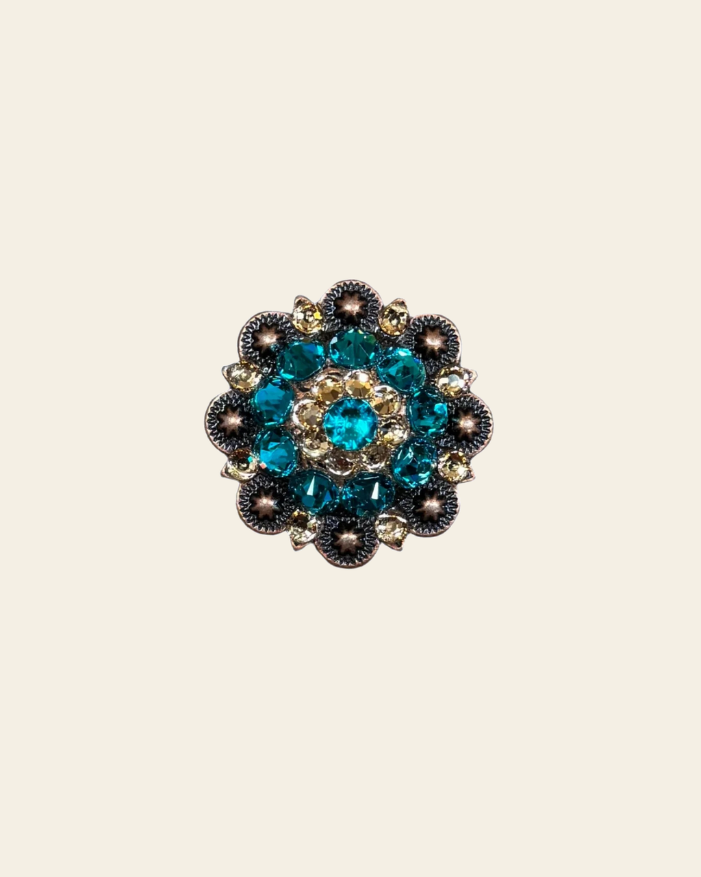 Teal & Champagne Copper 1.5" European Crystal Concho on a warm cream background