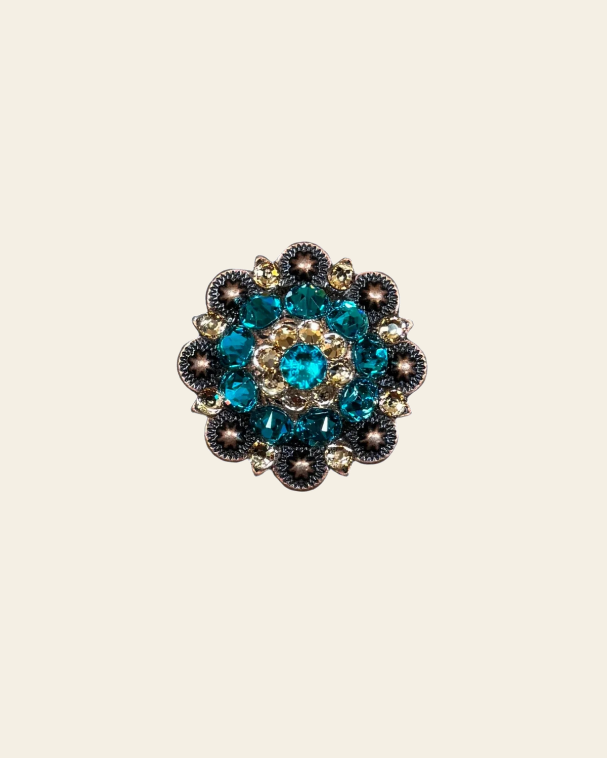 Teal & Champagne Copper 1.5" European Crystal Concho on a warm cream background