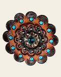 Teal & Champagne Copper 1" European Crystal Concho and Leather Rosette on a warm cream background
