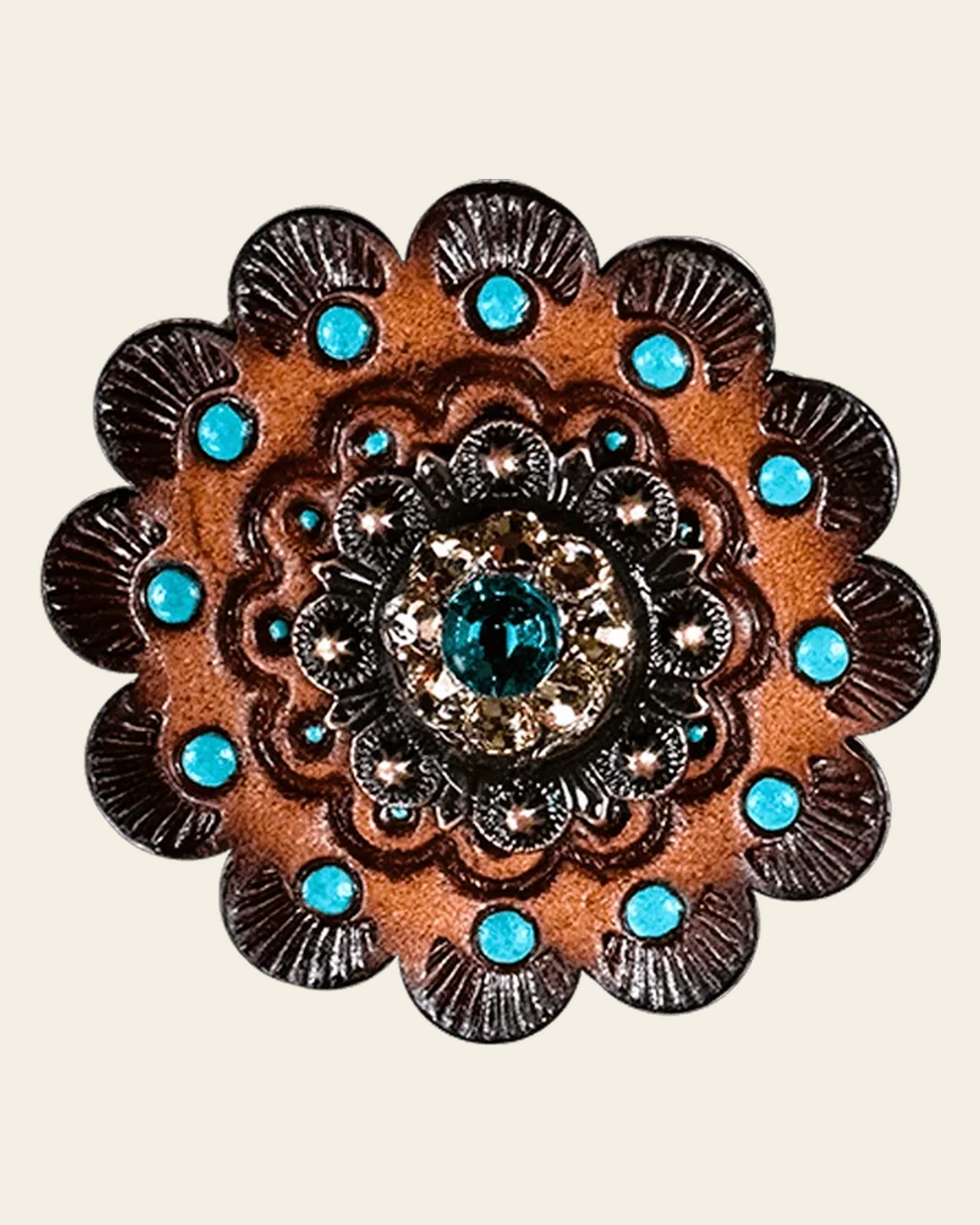 Teal & Champagne Copper 1" European Crystal Concho and Leather Rosette on a warm cream background