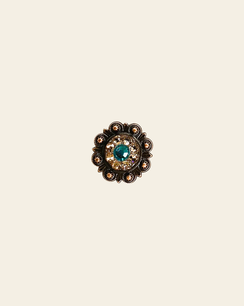 Teal & Champagne Copper 1" European Crystal Concho on a warm cream background