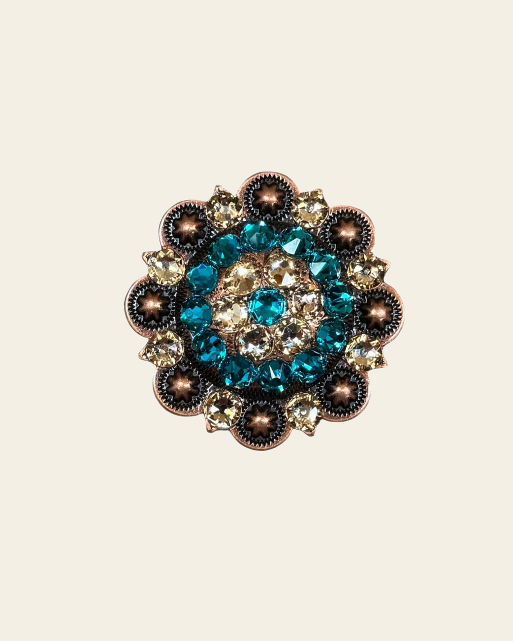 Teal & Champagne Copper 2" European Crystal Concho on a warm cream background