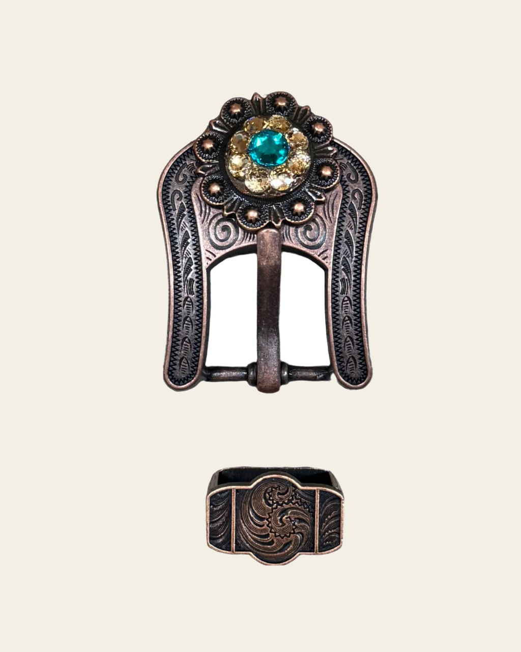 Teal & Champagne Copper European Crystal Buckle Keeper Set on a warm cream background