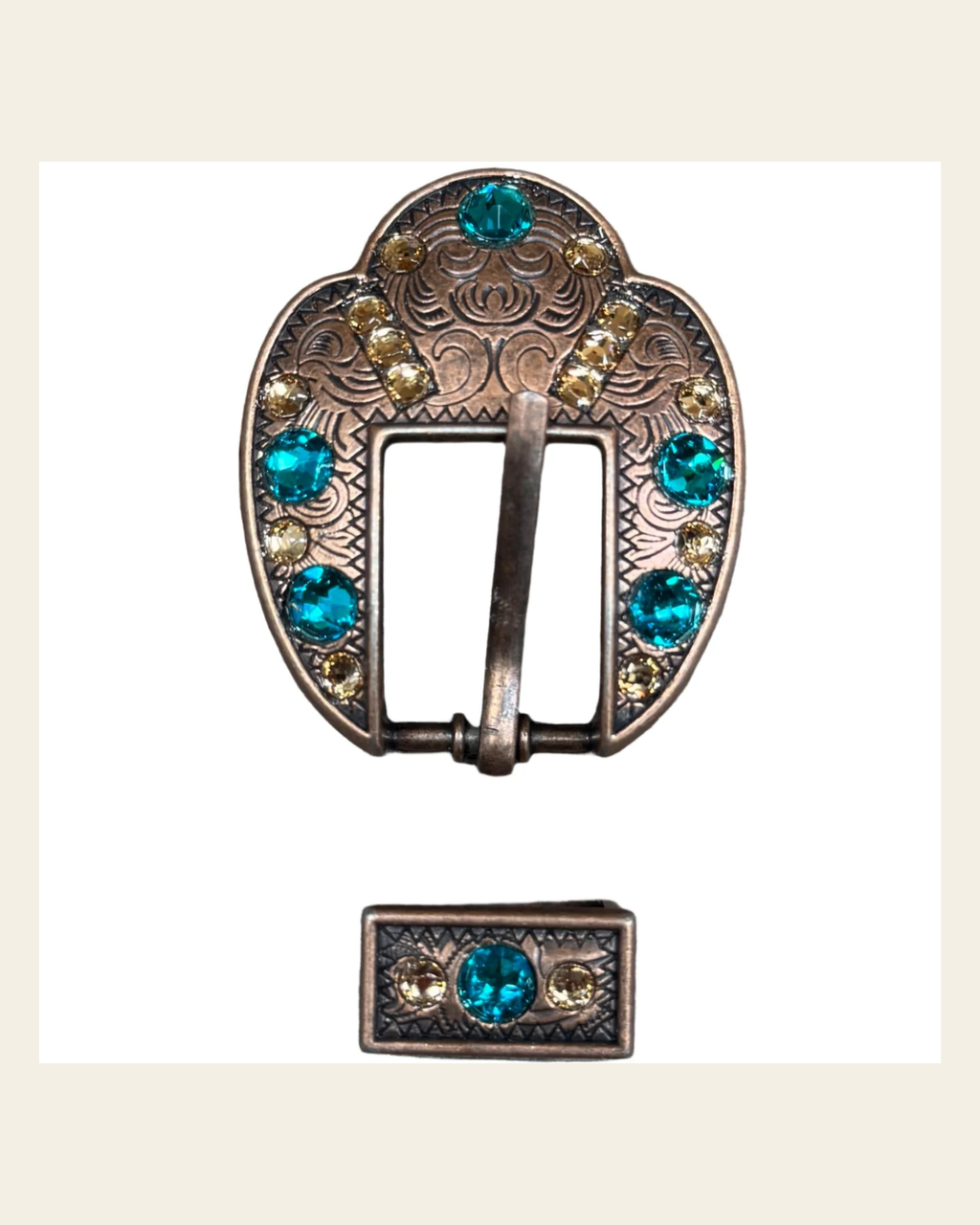Teal & Champagne Copper European Crystal Fancy Buckle on a warm cream background