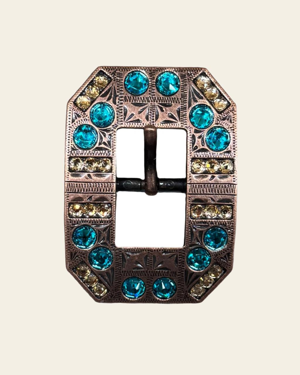 Teal & Champagne Copper European Crystal Square Cart Buckle on a warm cream background
