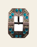 Teal & Champagne Copper European Crystal Square Cart Buckle on a warm cream background