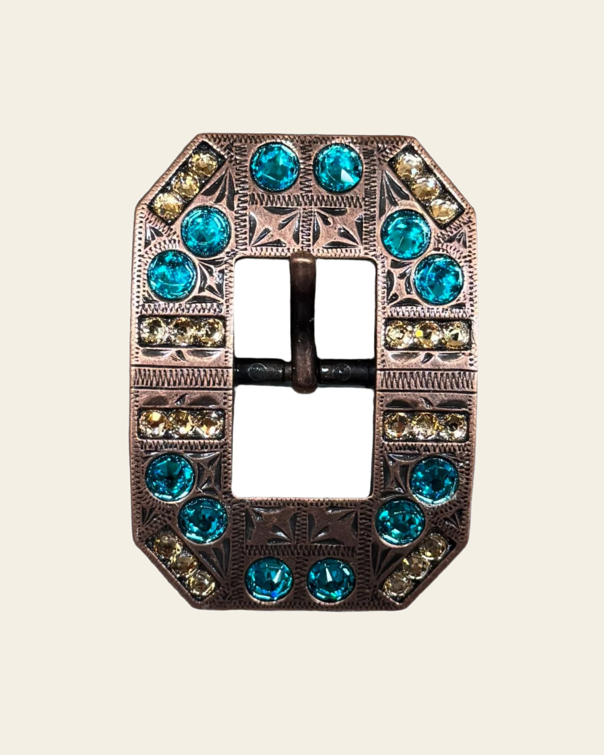 Teal & Champagne Copper European Crystal Square Cart Buckle on a warm cream background