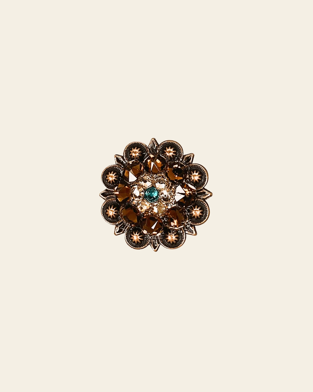 Teal Champagne & Topaz Copper 1.25" European Crystal Concho on a warm cream background
