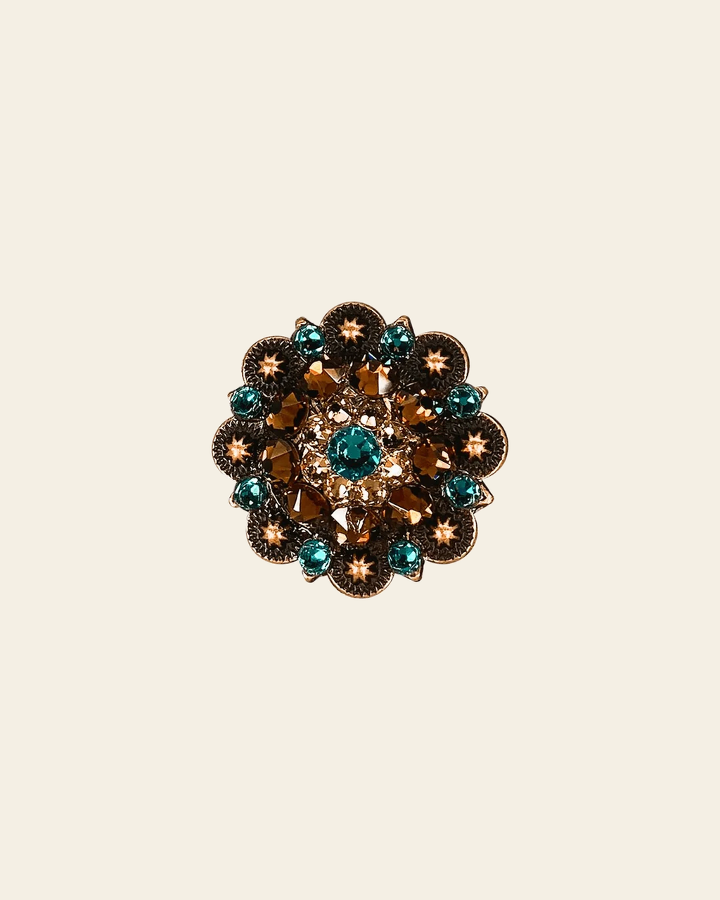 Teal Champagne & Topaz Copper 1.5" European Crystal Concho on a warm cream background