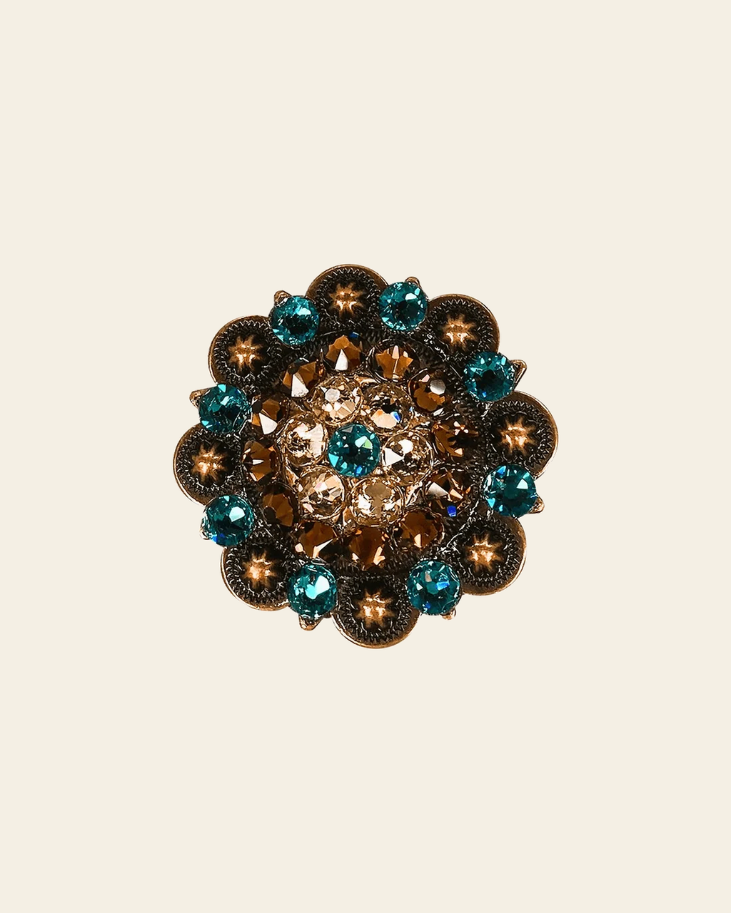 Teal Champagne & Topaz Copper 2" European Crystal Concho on a warm cream background