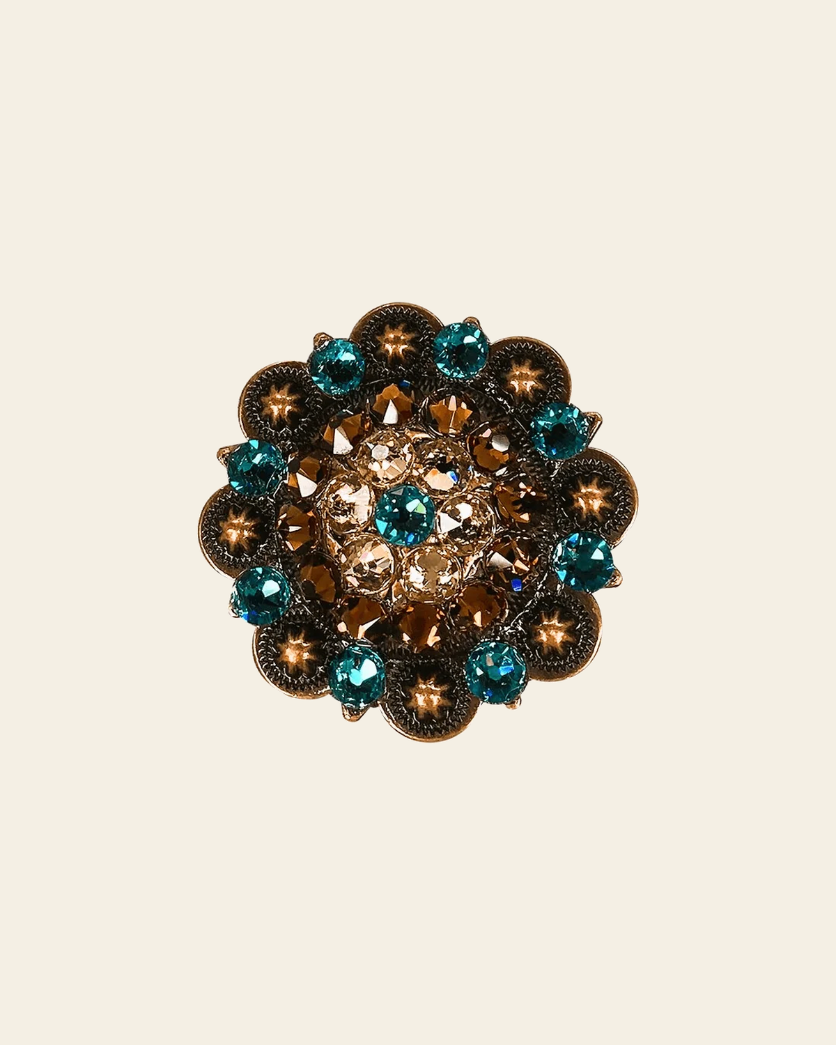 Teal Champagne & Topaz Copper 2" European Crystal Concho on a warm cream background