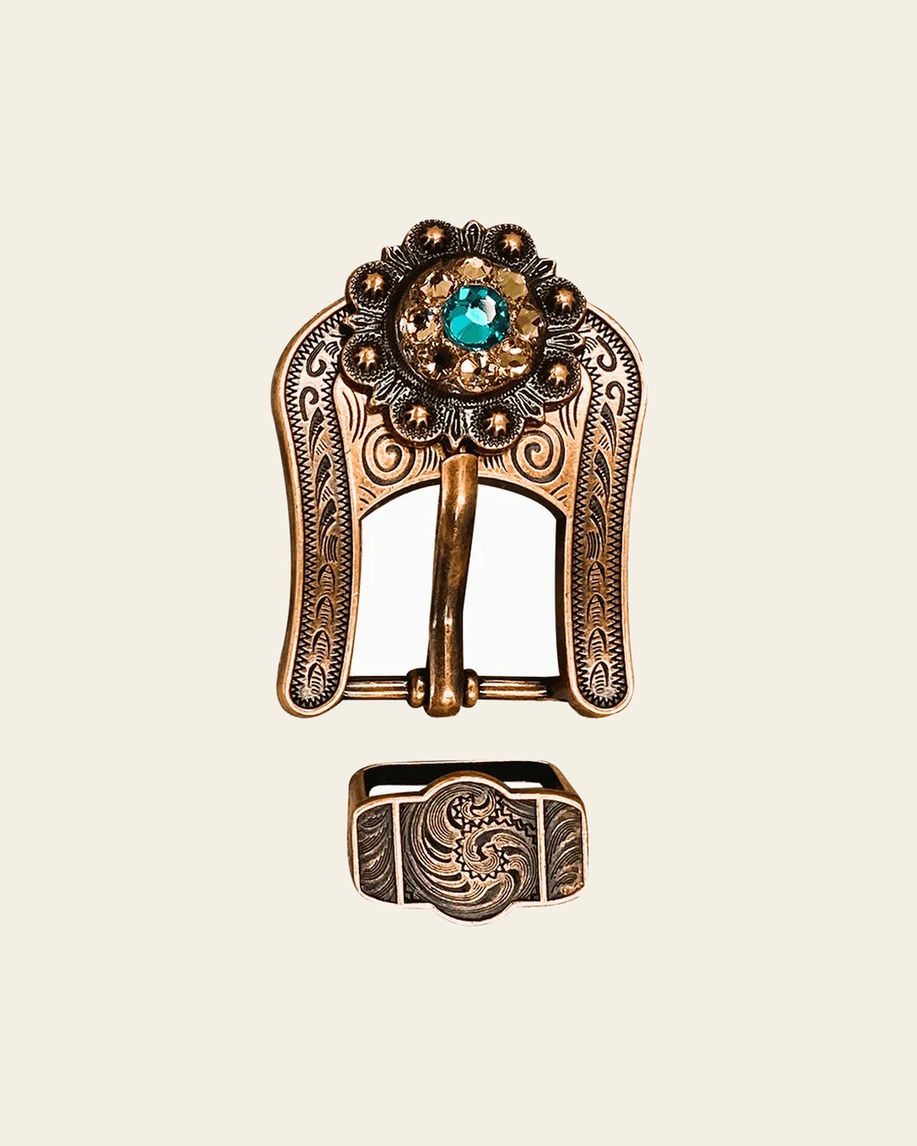 Teal Champagne & Topaz Copper European Crystal Buckle Keeper Set on a warm cream background