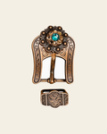 Teal Champagne & Topaz Copper European Crystal Buckle Keeper Set on a warm cream background