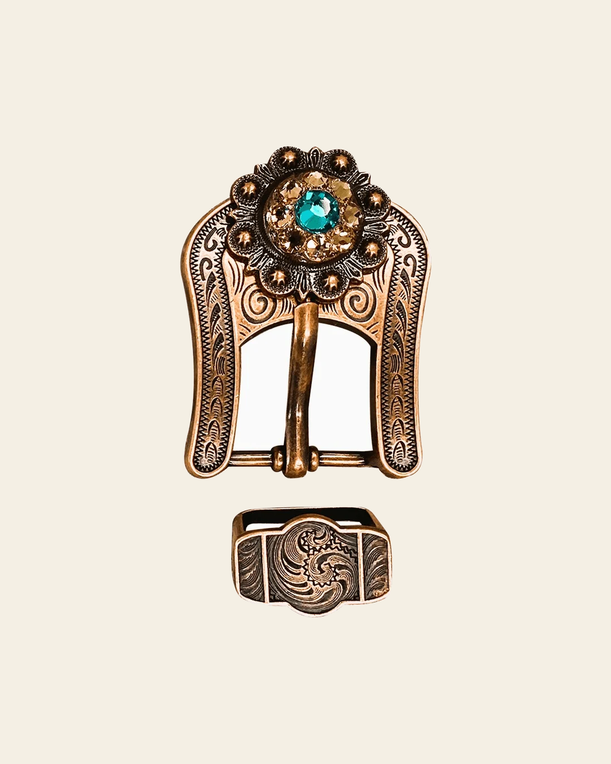 Teal Champagne & Topaz Copper European Crystal Buckle Keeper Set on a warm cream background