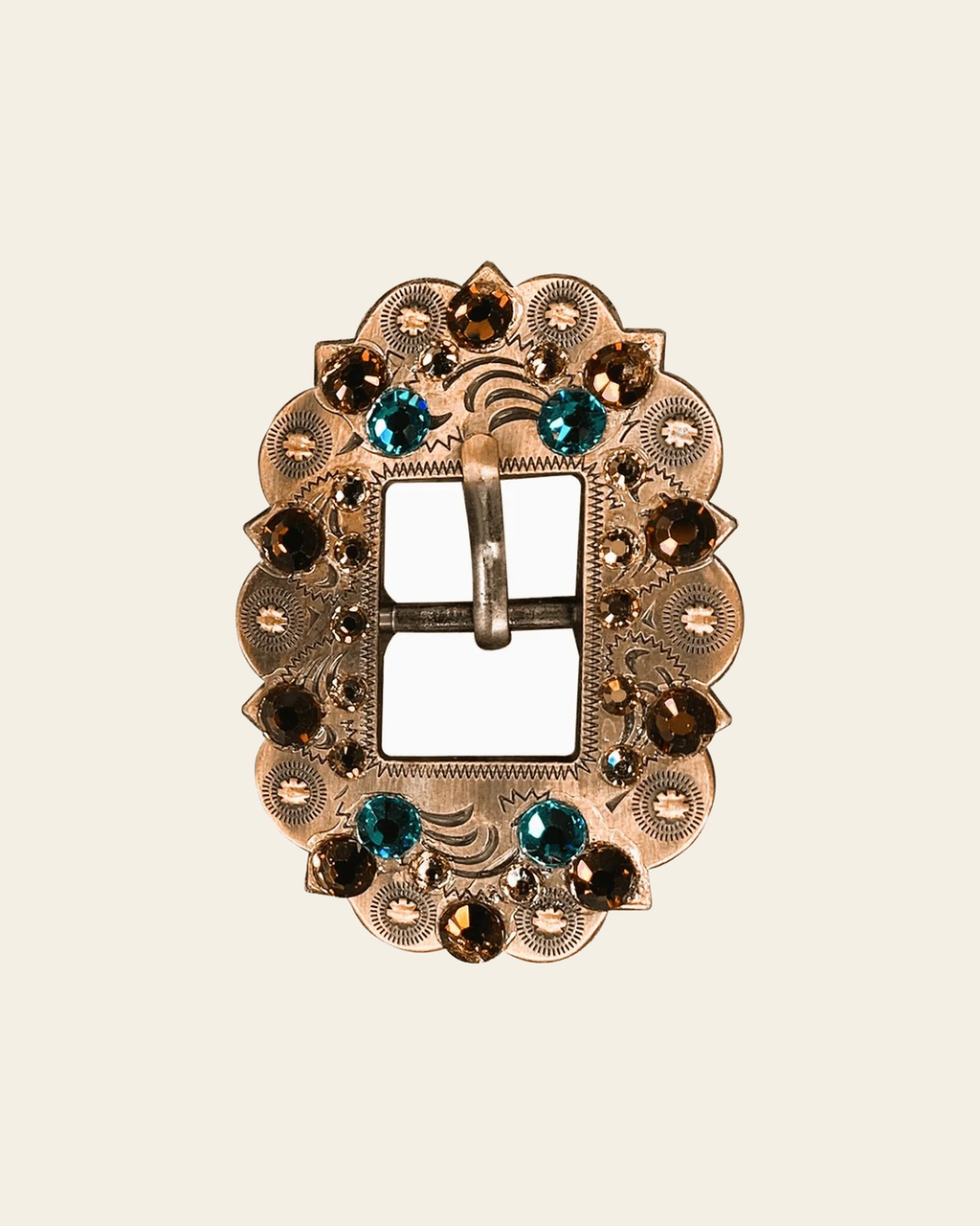 Teal Champagne & Topaz Copper European Crystal Cart Buckle on a warm cream background