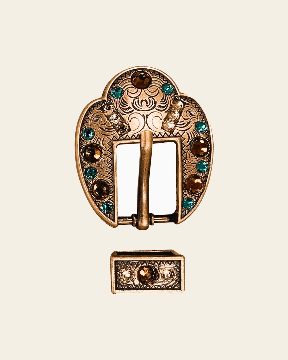 Teal Champagne & Topaz Copper European Crystal Fancy Buckle on a warm cream background