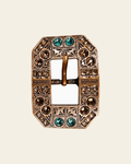 Teal Champagne & Topaz Copper European Crystal Square Cart Buckle on a warm cream background