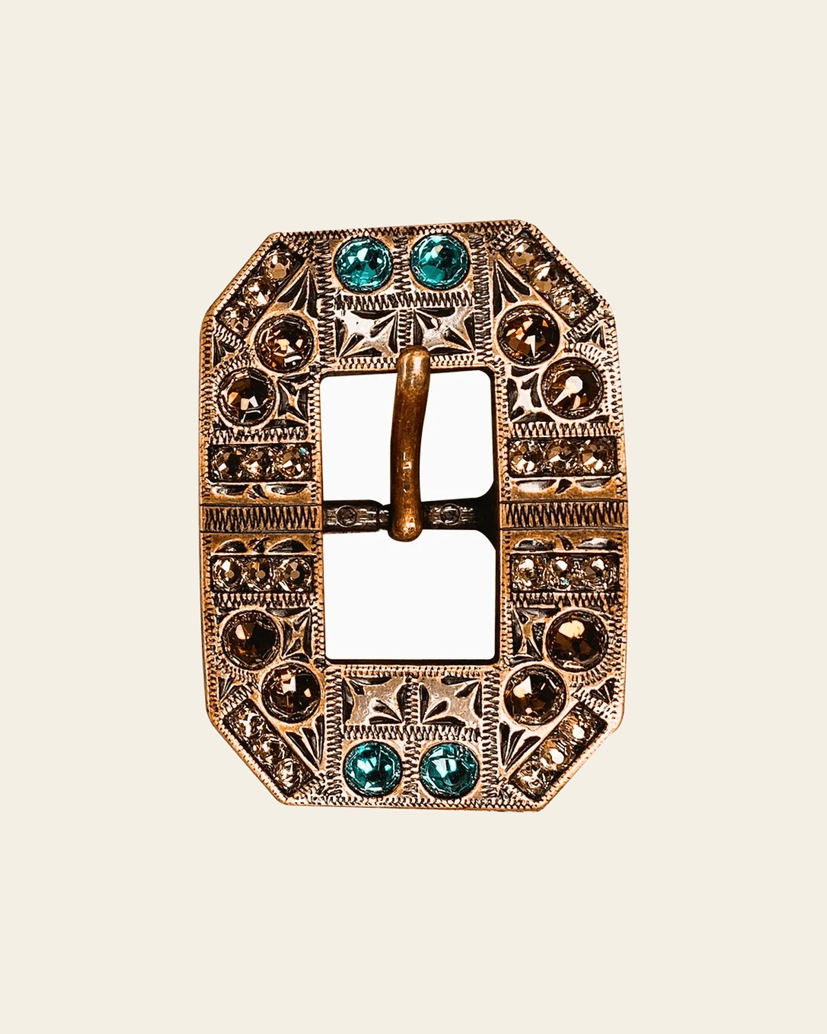 Teal Champagne & Topaz Copper European Crystal Square Cart Buckle on a warm cream background